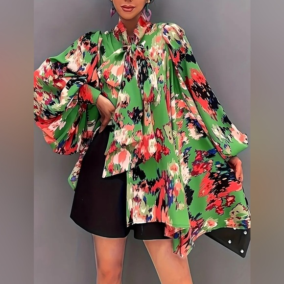 Passion Plus Size Floral Print Casual Tie-Neck Long Sleeve Blouse - Picture 2 of 3